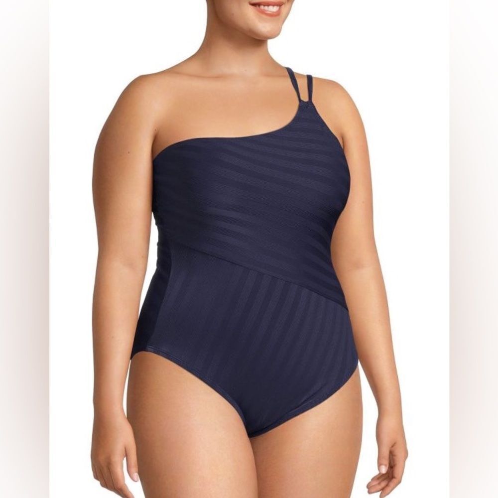 La Blanca Linea Costa Navy Blue One Shoulder One Piece Plus Size Swimsuit 22W